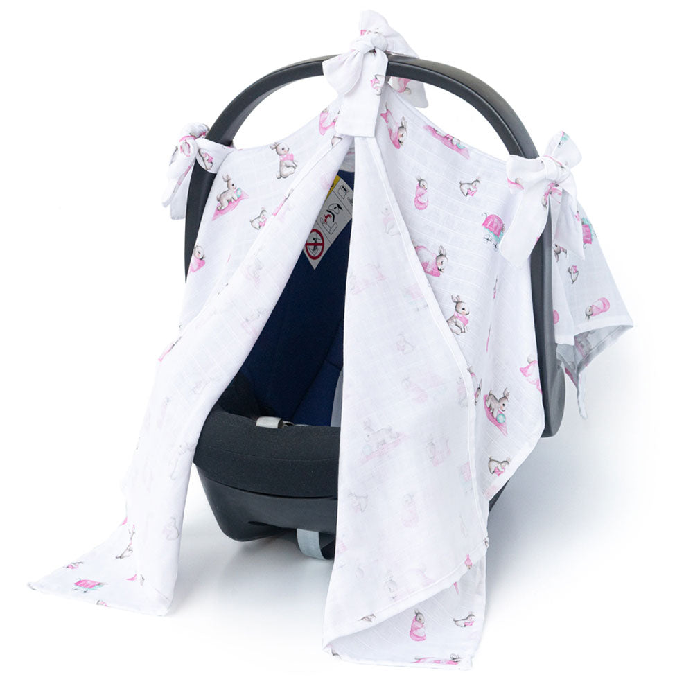Muslin Pram Cover UK | Bébé Lapin Rose | Breathable Pushchair Shade | 114x77 cm | Deux Lapins