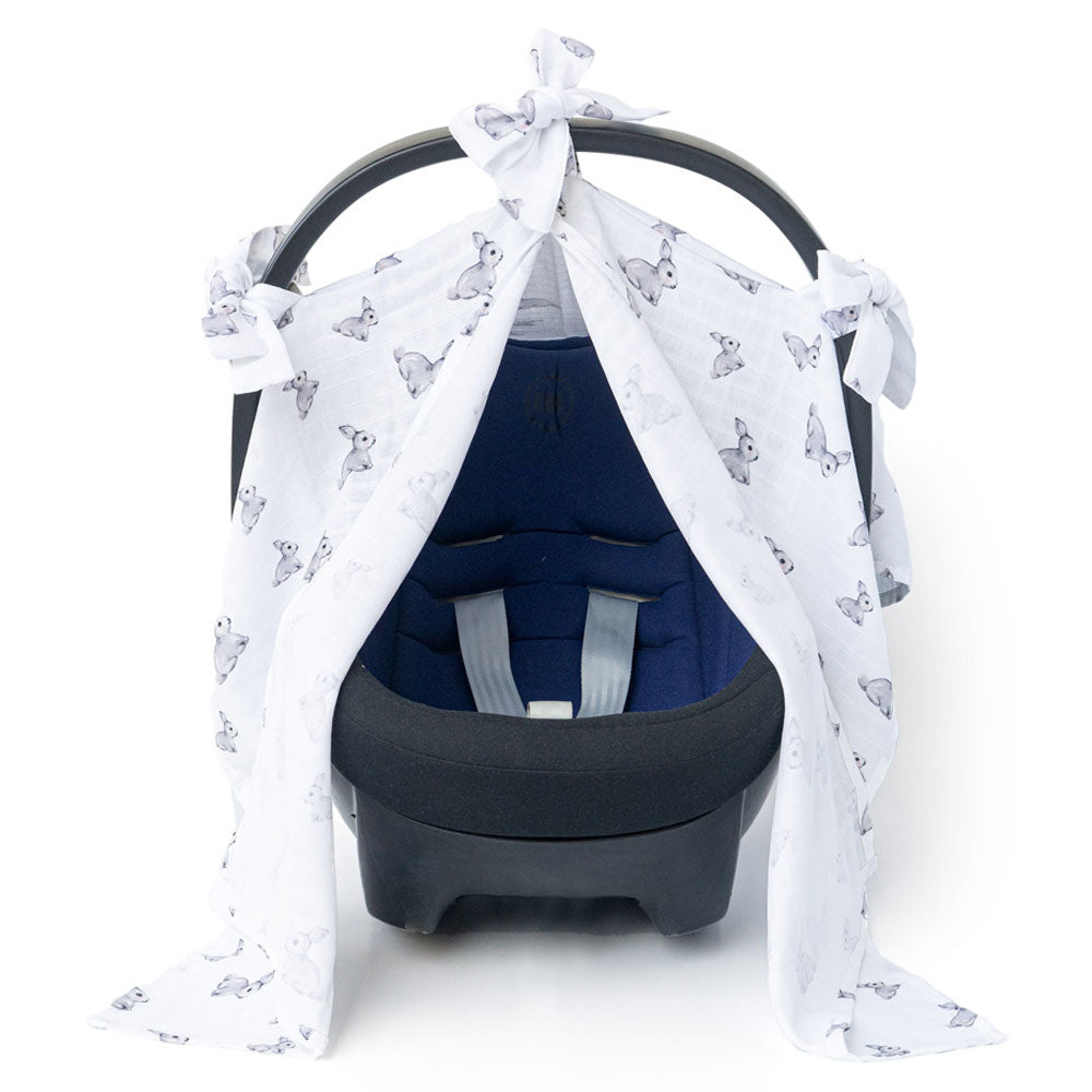 Muslin Pram Cover UK | Iconique Lapin | Breathable Pushchair Shade | 114x77 cm | Deux Lapins