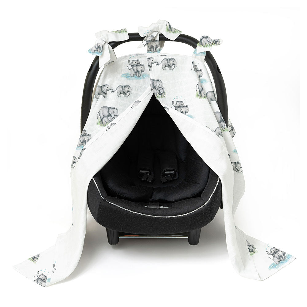 Muslin Pram Cover UK | Les Elephants | Breathable Pushchair Shade | 114x77 cm | Deux Lapins