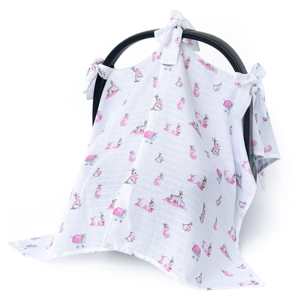 Muslin Pram Cover UK | Bébé Lapin Rose | Breathable Pushchair Shade | 114x77 cm | Deux Lapins
