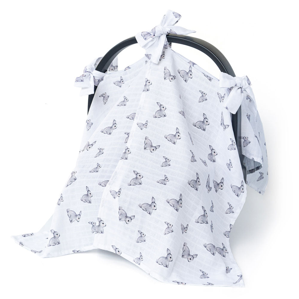 Muslin Pram Cover UK | Iconique Lapin | Breathable Pushchair Shade | 114x77 cm | Deux Lapins