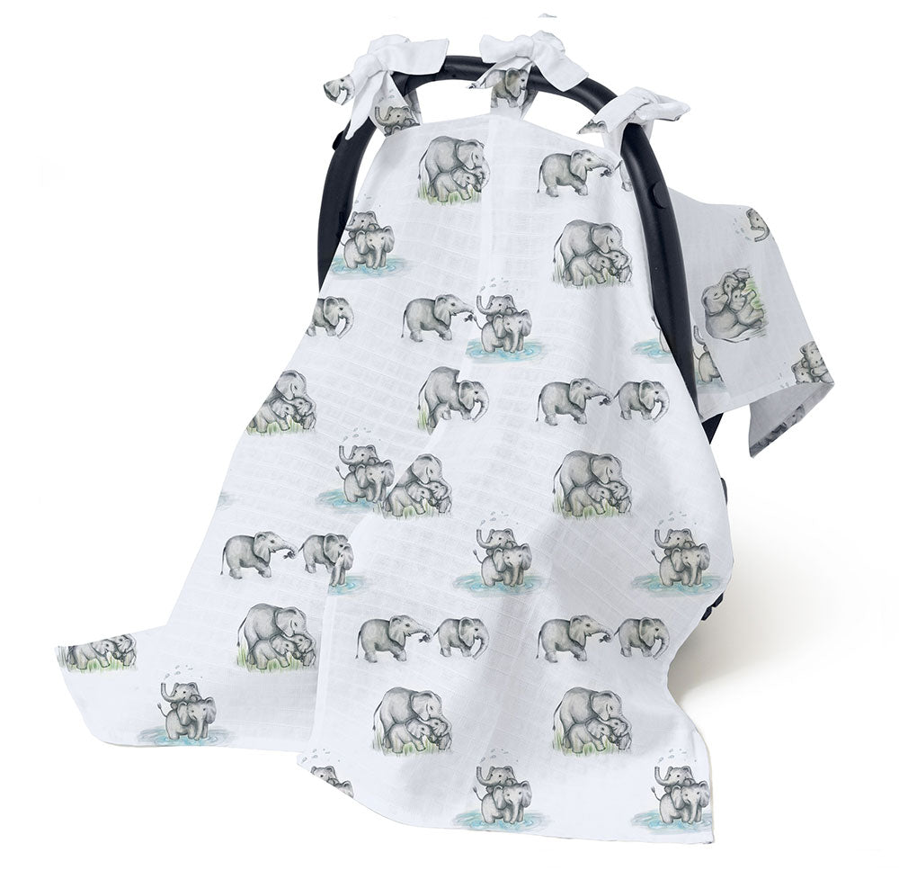 Muslin Pram Cover UK | Les Elephants | Breathable Pushchair Shade | 114x77 cm | Deux Lapins