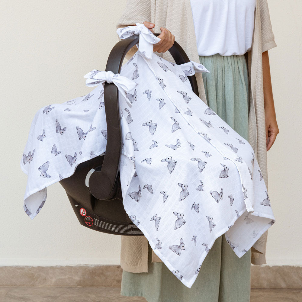 Muslin Pram Cover UK | Iconique Lapin | Breathable Pushchair Shade | 114x77 cm | Deux Lapins