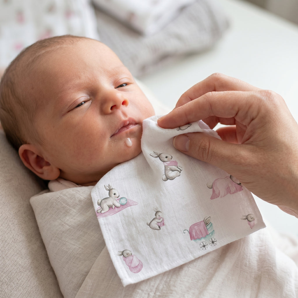 Small Muslin Squares | Pack of 5 | 20x20 cm | Baby Burp Cloths | Deux Lapins UK | Bébé Lapin Rose