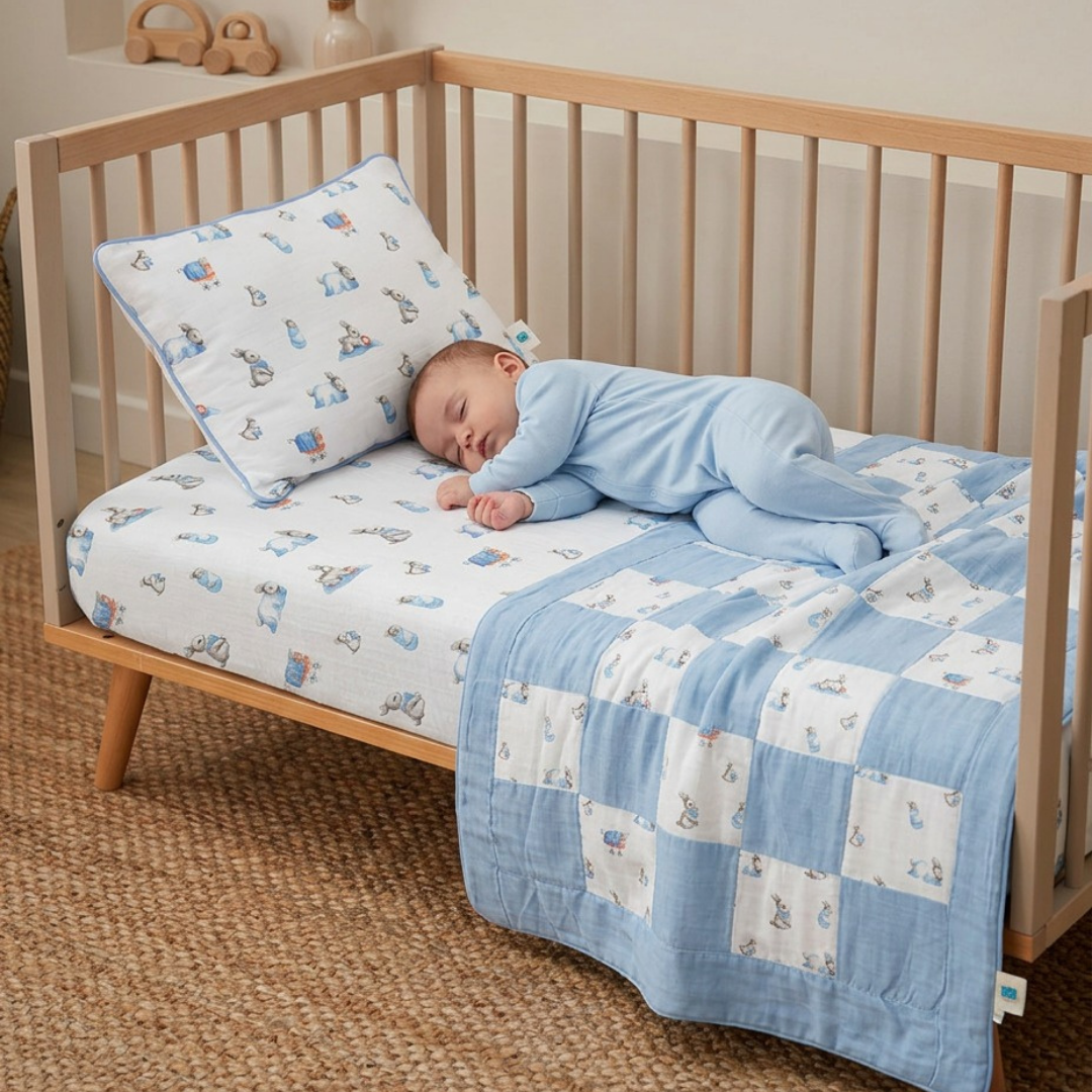 Muslin Fitted Cot Sheet | Bébé Lapin | Blue Bunny Print | 70x140 cm | Deux Lapins UK