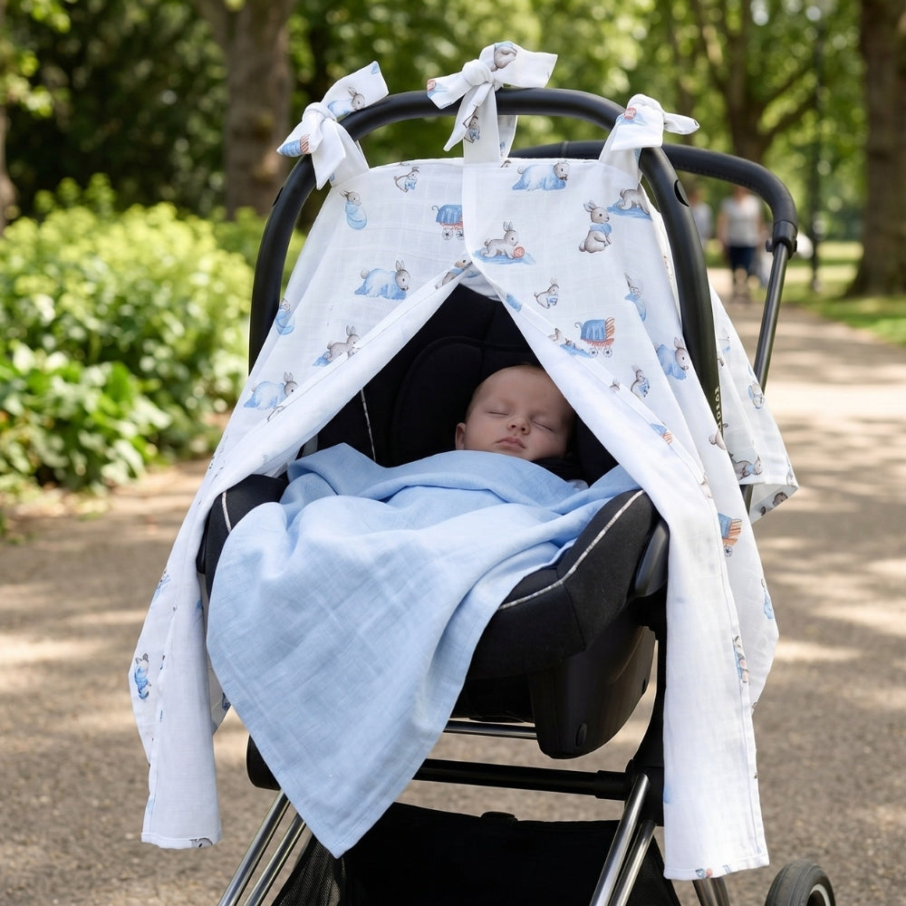 Muslin Pram Cover UK | Bébé Lapin | Breathable Pushchair Shade | 114x77 cm | Deux Lapins