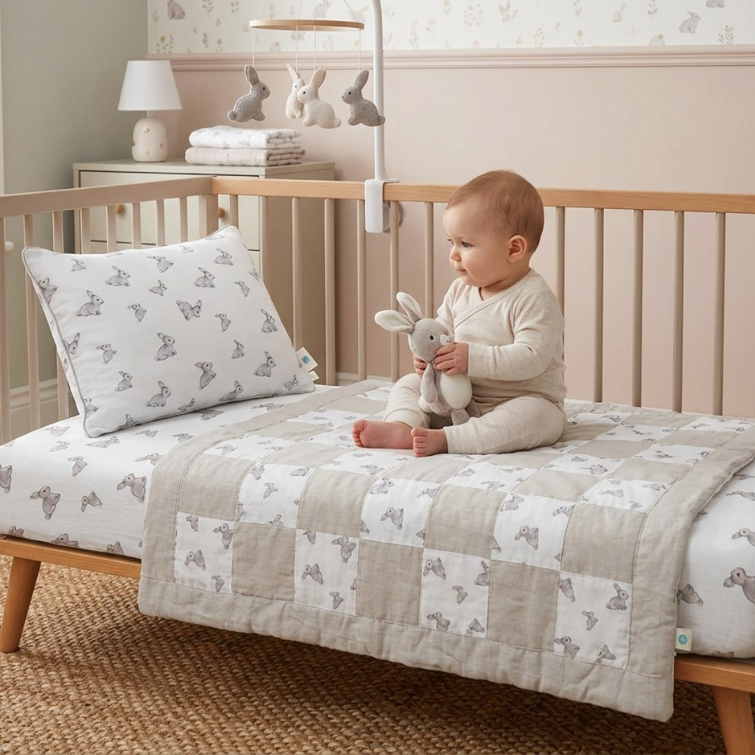 Muslin Fitted Cot Sheet | Iconique Lapin | Grey Bunny Print | 70x140 cm | Deux Lapins UK