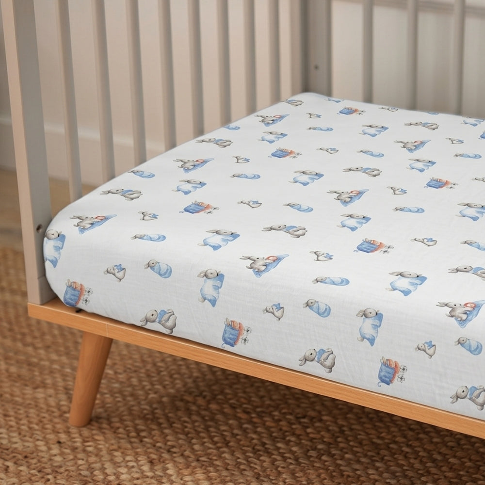Muslin Fitted Cot Sheet | Bébé Lapin | Blue Bunny Print | 70x140 cm | Deux Lapins UK
