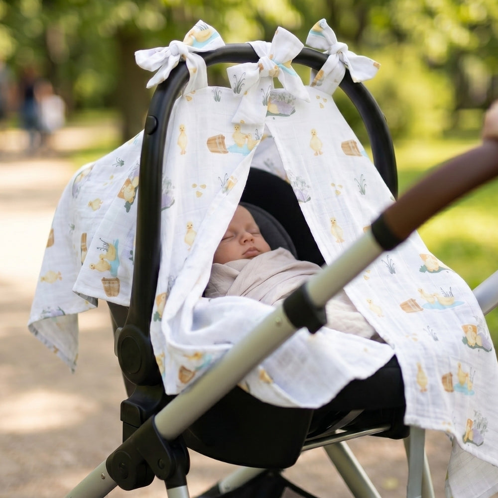 Muslin Pram Cover UK | Petits Caneton | Breathable Pushchair Shade | 114x77 cm | Deux Lapins