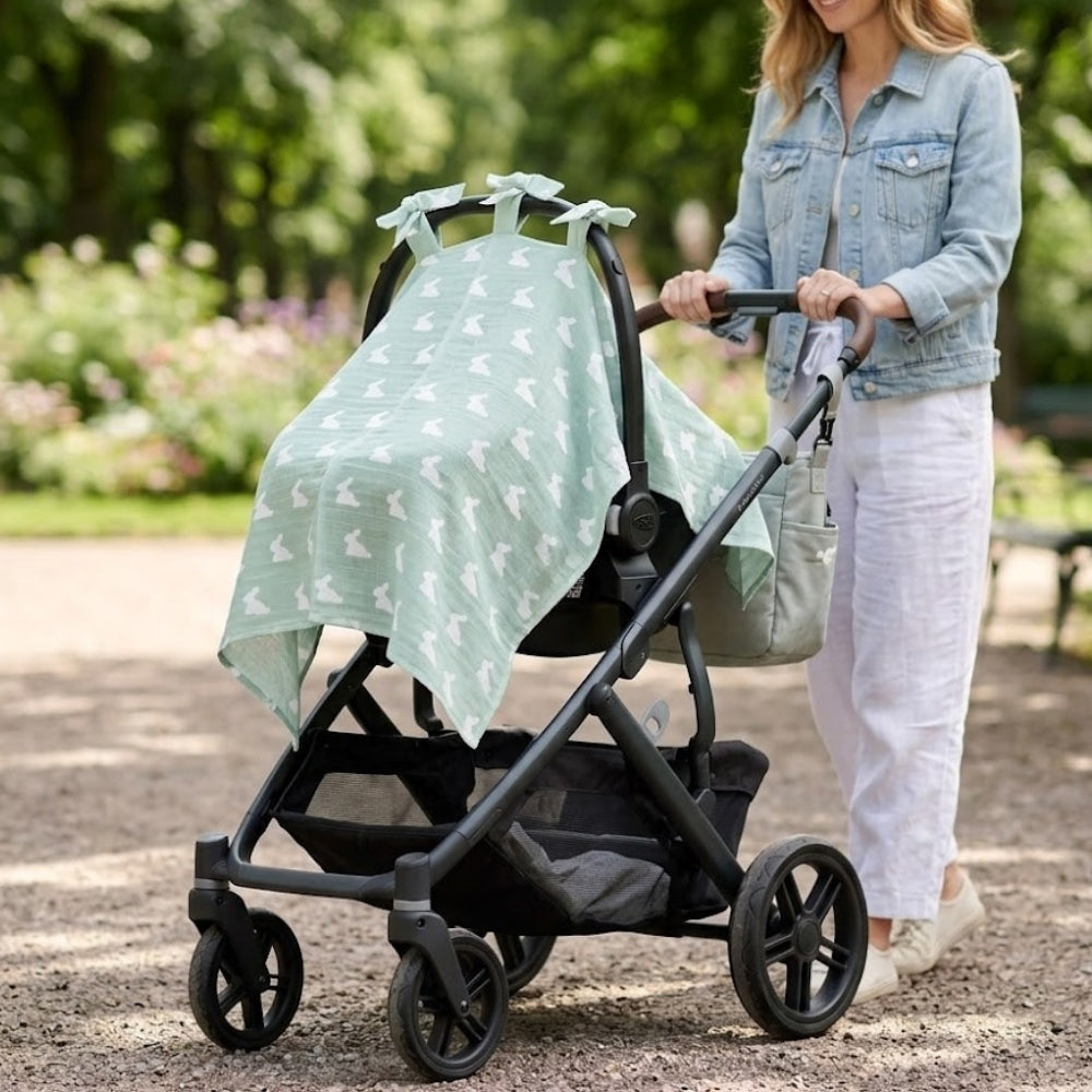 Muslin Pram Cover UK | Mono Lapin Matcha Green | Breathable Pushchair Shade | 114x77 cm | Deux lapins