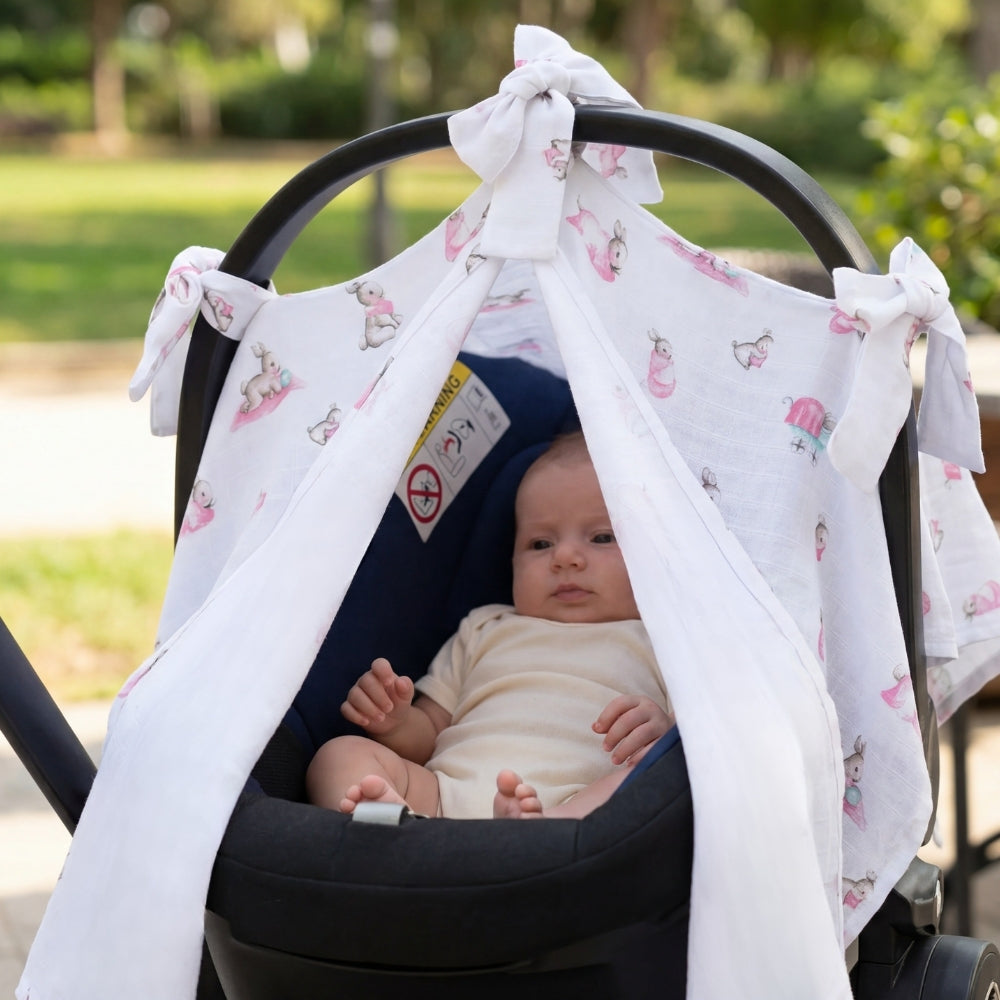 Muslin Pram Cover UK | Bébé Lapin Rose | Breathable Pushchair Shade | 114x77 cm | Deux Lapins