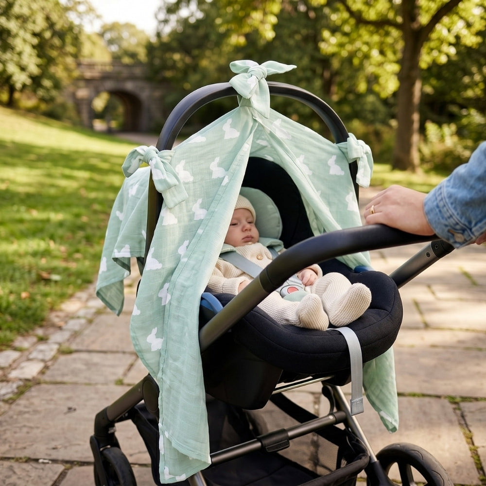Muslin Pram Cover UK | Mono Lapin Matcha Green | Breathable Pushchair Shade | 114x77 cm | Deux lapins