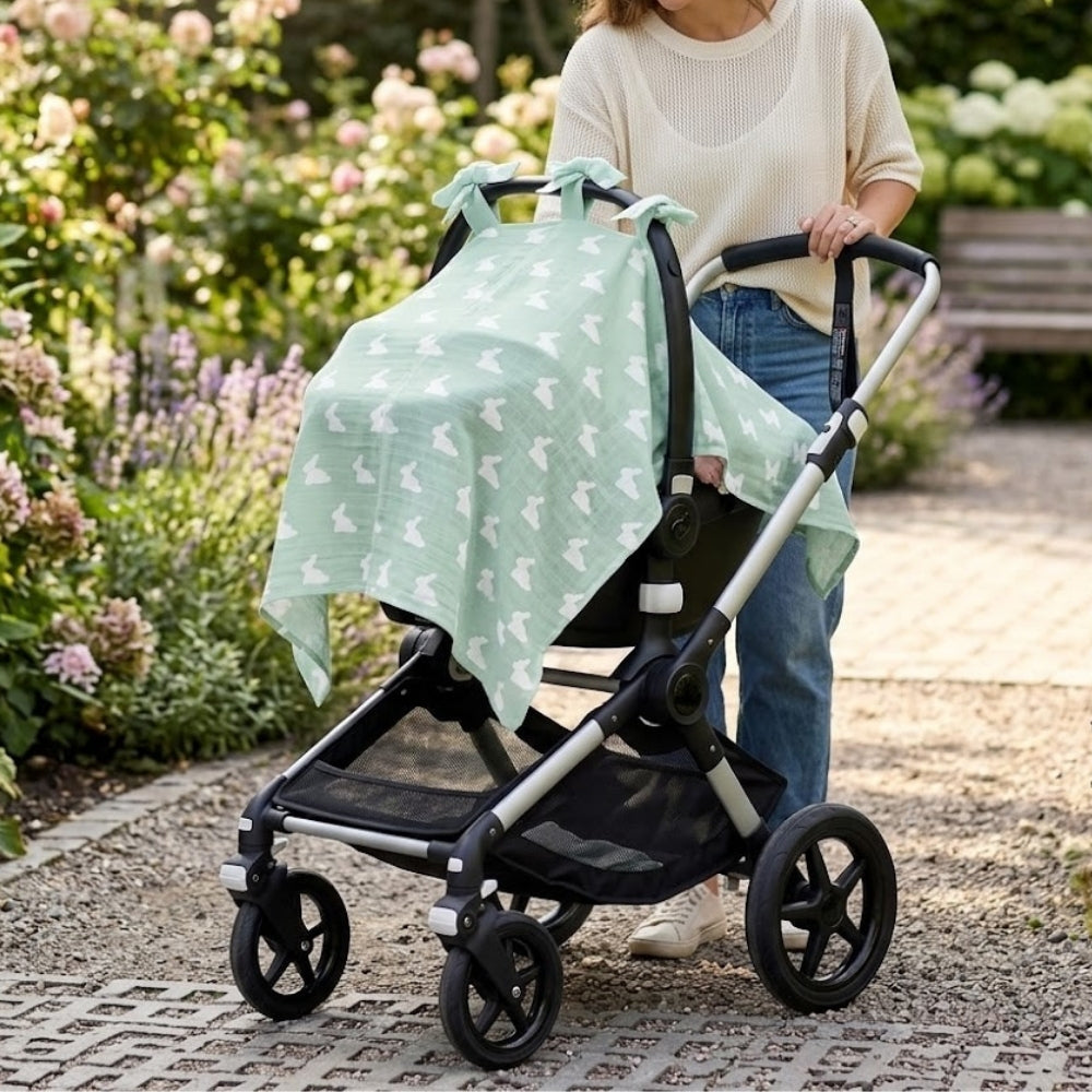 Muslin Pram Cover UK | Mono Lapin Matcha Green | Breathable Pushchair Shade | 114x77 cm | Deux lapins