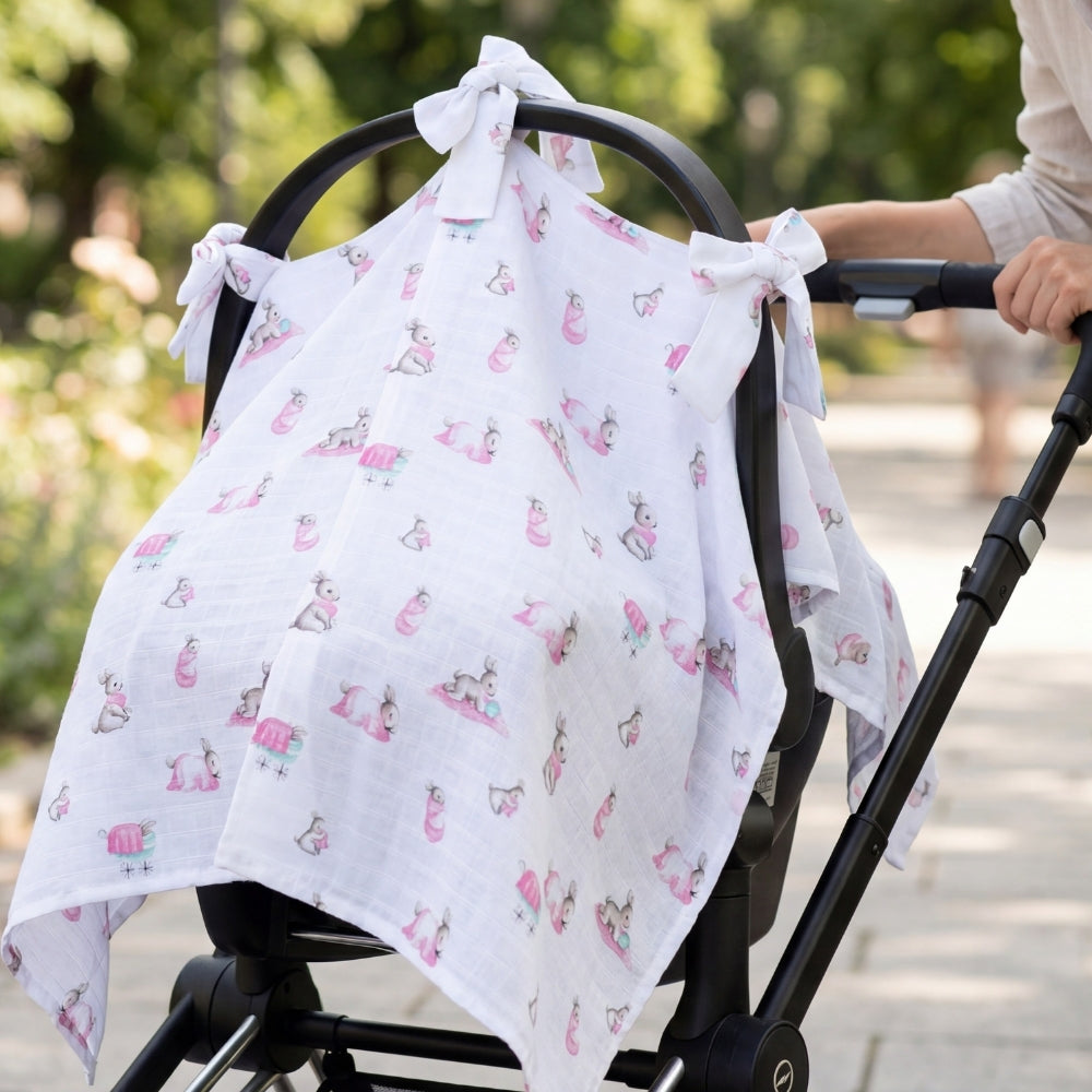 Muslin Pram Cover UK | Bébé Lapin Rose | Breathable Pushchair Shade | 114x77 cm | Deux Lapins