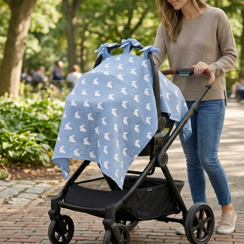 Muslin Pram Cover UK | Mono Lapin Royal Blue | Breathable Pushchair Shade | 114x77 cm | Deux Lapins
