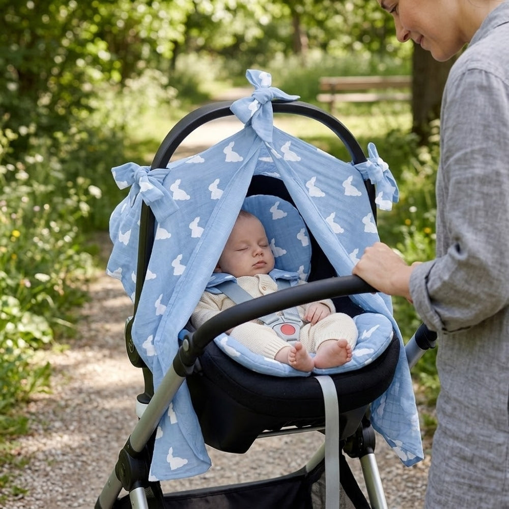 Muslin Pram Cover UK | Mono Lapin Royal Blue | Breathable Pushchair Shade | 114x77 cm | Deux Lapins