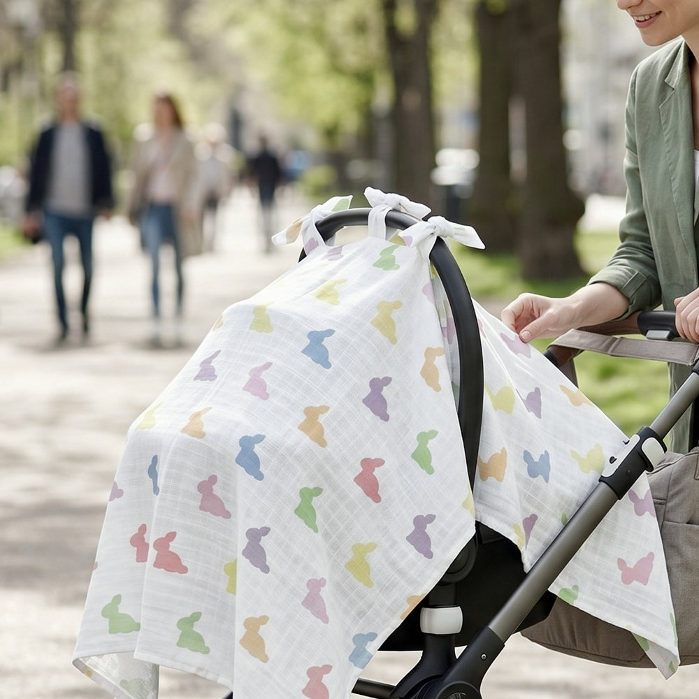 Muslin Pram Cover UK | Rainbow Lapin | Breathable Pushchair Shade | 114x77 cm | Deux Lapins