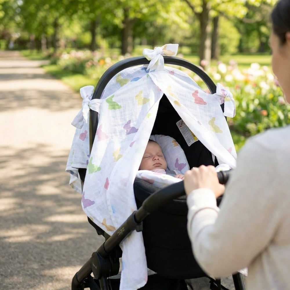 Muslin Pram Cover UK | Rainbow Lapin | Breathable Pushchair Shade | 114x77 cm | Deux Lapins