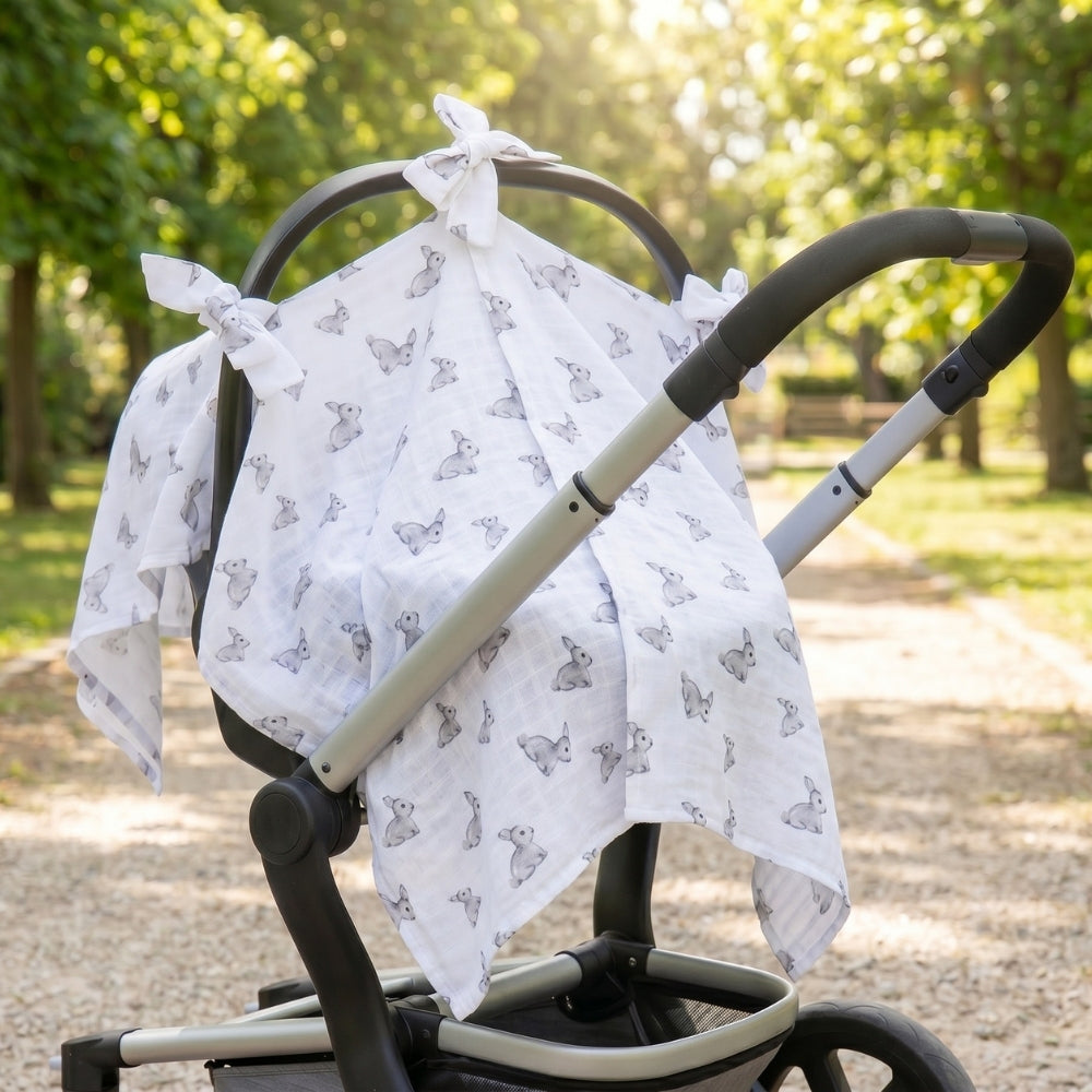 Muslin Pram Cover UK | Iconique Lapin | Breathable Pushchair Shade | 114x77 cm | Deux Lapins