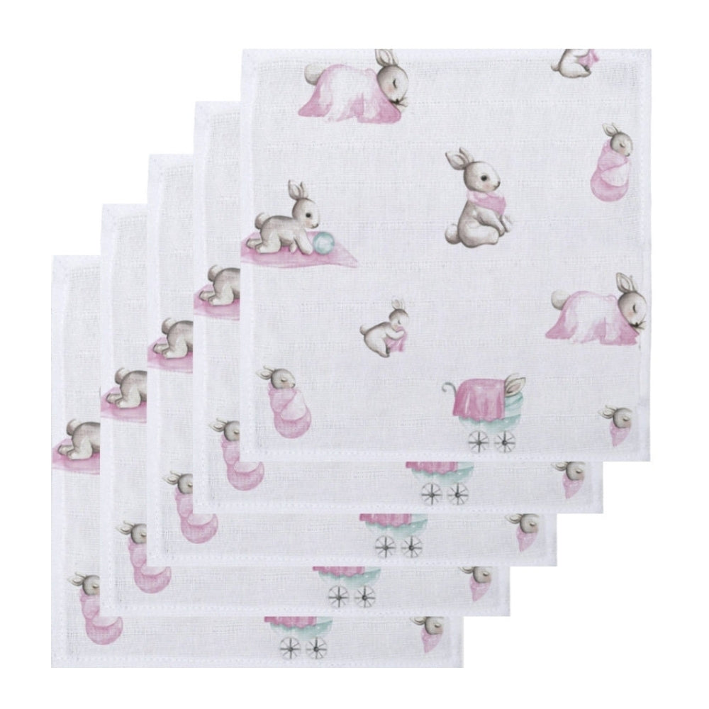 Small Muslin Squares | Pack of 5 | 20x20 cm | Baby Burp Cloths | Deux Lapins UK | Bébé Lapin Rose