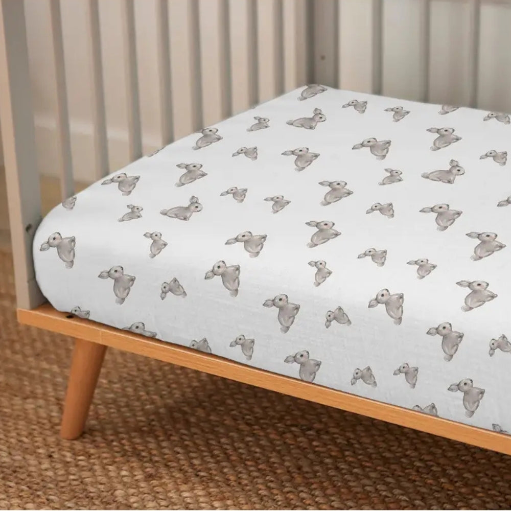 Muslin Fitted Cot Sheet | Iconique Lapin | Grey Bunny Print | 70x140 cm | Deux Lapins UK