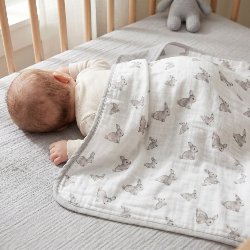 Double Layer Muslin Baby Blanket | Reversible | 0-12 Months | 65x65 cm | Deux Lapins UK | Iconique Lapin