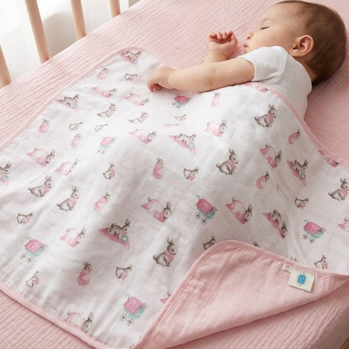 Double Layer Muslin Baby Blanket | Reversible | 0-12 Months | 65x65 cm | Deux Lapins UK | Bébé Lapin Rose