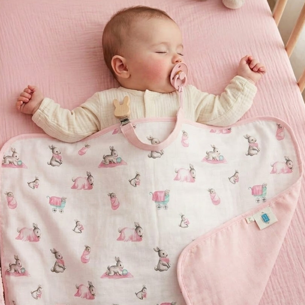 Double Layer Muslin Baby Blanket | Reversible | 0-12 Months | 65x65 cm | Deux Lapins UK | Bébé Lapin Rose