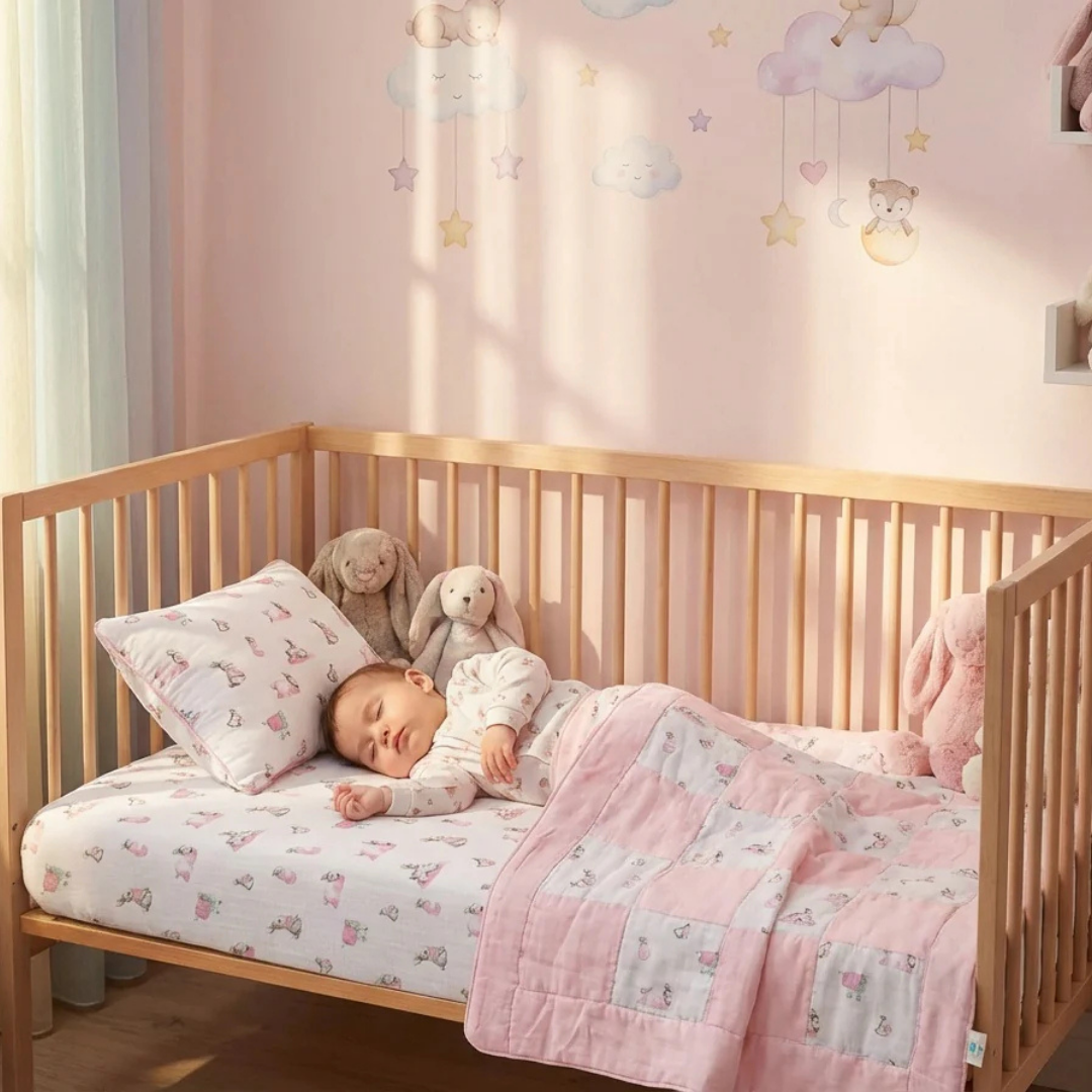 Muslin Fitted Cot Sheet | Bébé Lapin Rose | Pink Bunny Print | 70x140 cm | Deux Lapins UK