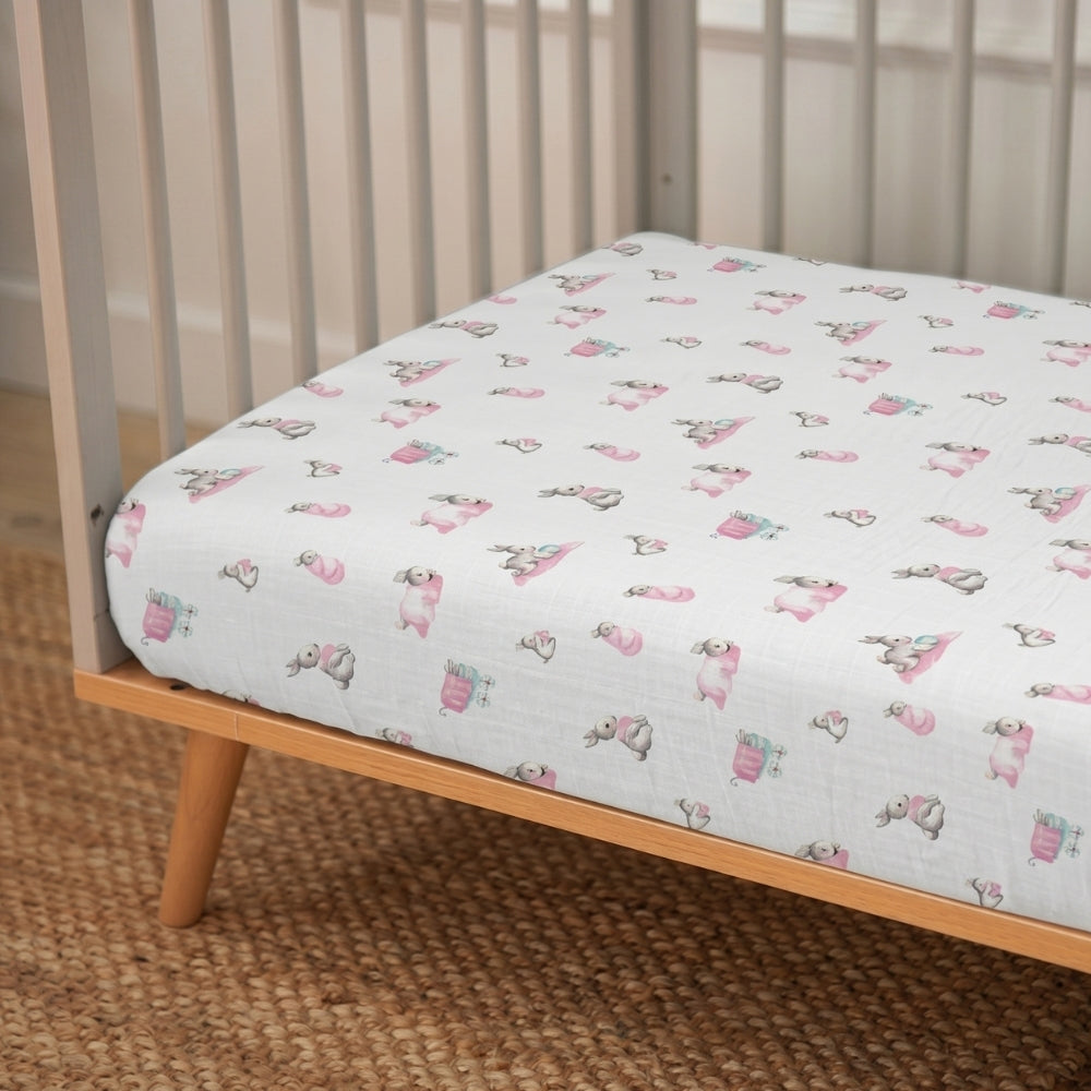 Muslin Fitted Cot Sheet | Bébé Lapin Rose | Pink Bunny Print | 70x140 cm | Deux Lapins UK