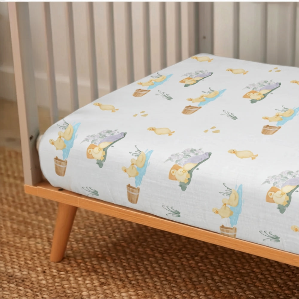 Muslin Fitted Cot Sheet | Petits Caneton | 70x140 cm | Deux Lapins UK