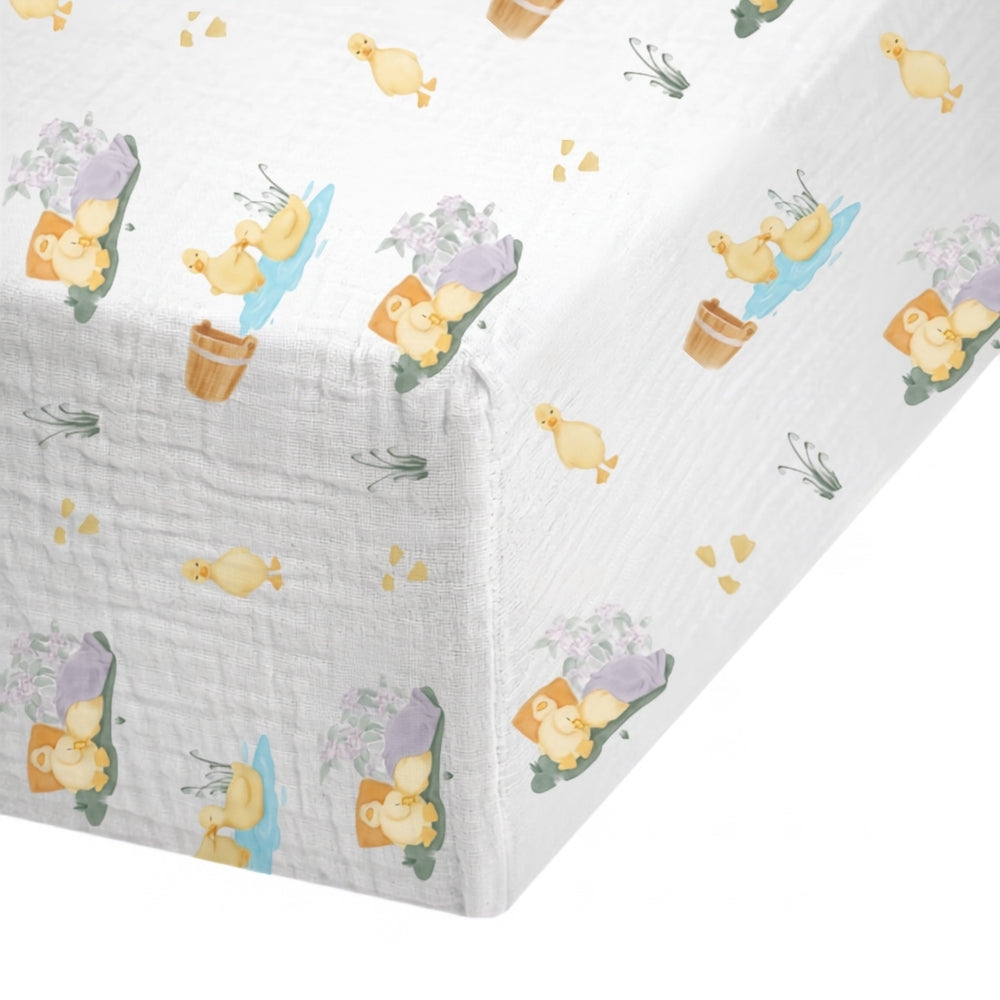Muslin Fitted Cot Sheet | Petits Caneton | 70x140 cm | Deux Lapins UK