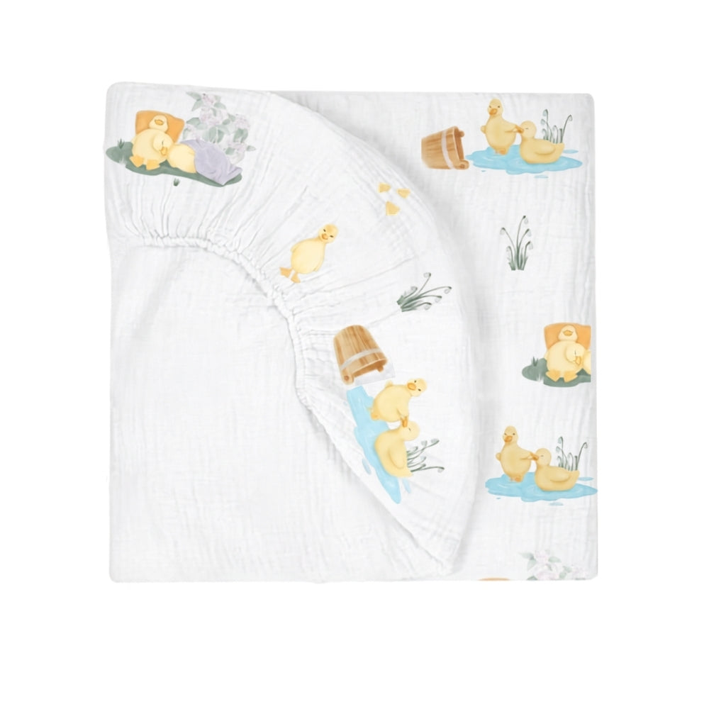 Muslin Fitted Cot Sheet | Petits Caneton | 70x140 cm | Deux Lapins UK