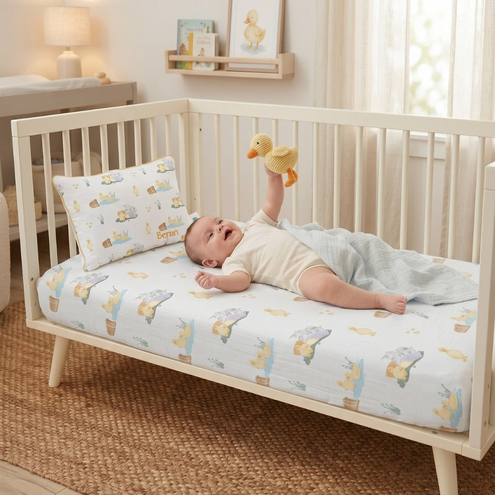 Muslin Fitted Cot Sheet | Petits Caneton | 70x140 cm | Deux Lapins UK