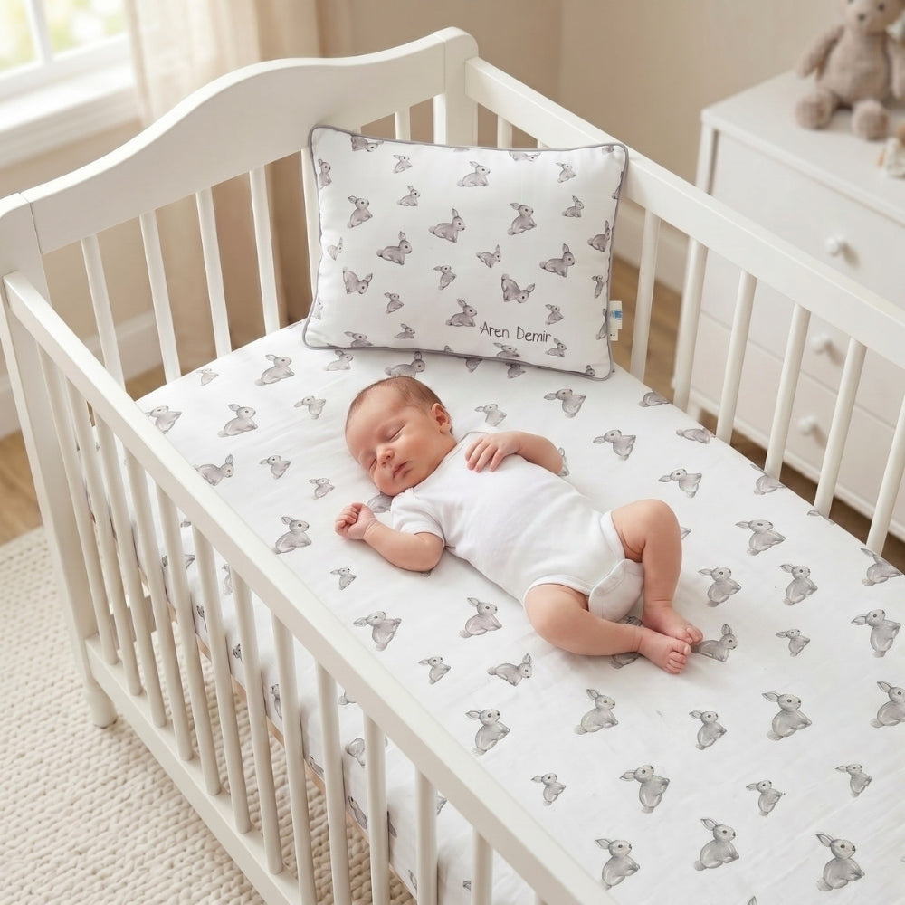 Muslin Fitted Cot Sheet | Iconique Lapin | Grey Bunny Print | 70x140 cm | Deux Lapins UK