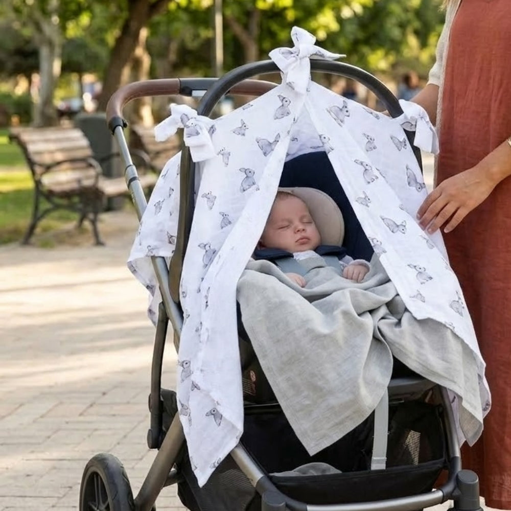 Muslin Pram Cover UK | Iconique Lapin | Breathable Pushchair Shade | 114x77 cm | Deux Lapins