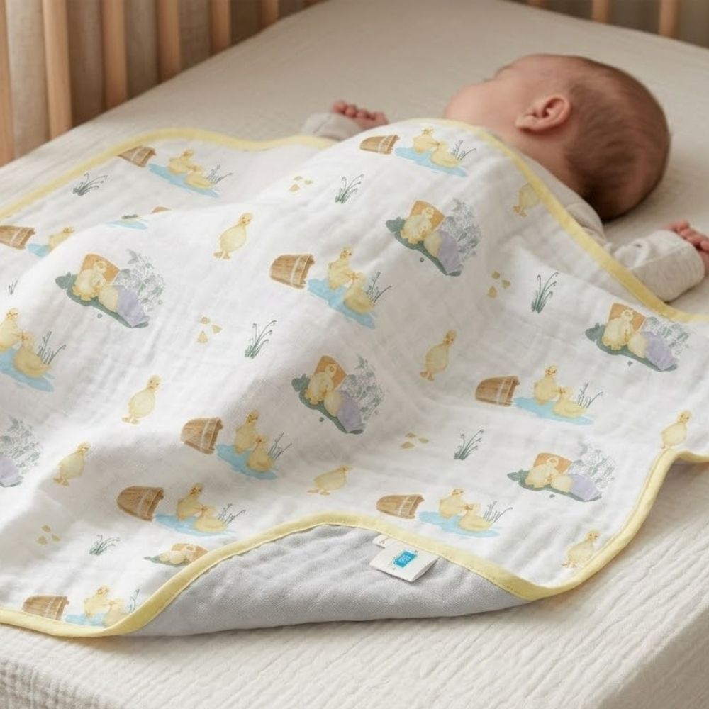 Double Layer Muslin Baby Blanket | Reversible | 0-12 Months | 65x65 cm | Deux Lapins UK | Petits Caneton