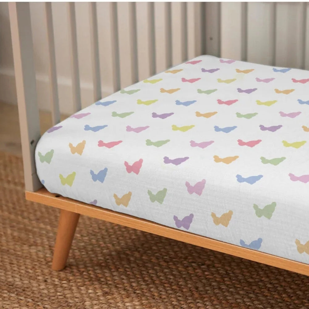 Muslin Fitted Cot Sheet | Rainbow Lapin | Rainbow Bunny Print | 70x140 cm | Deux Lapins UK