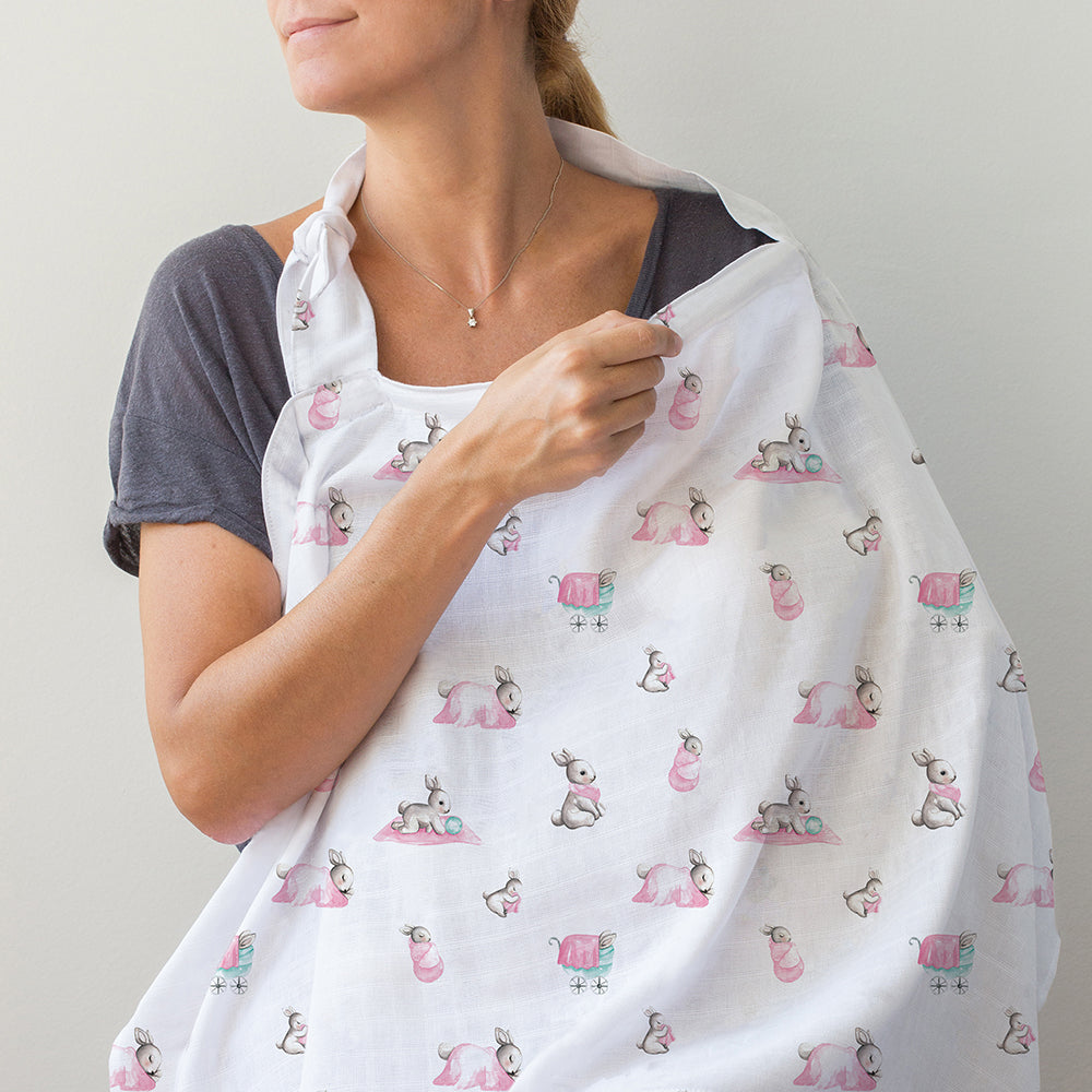 Muslin Breastfeeding Cover | Bébé Lapin Rose | Nursing Cover UK | 90x60 cm | Deux Lapins