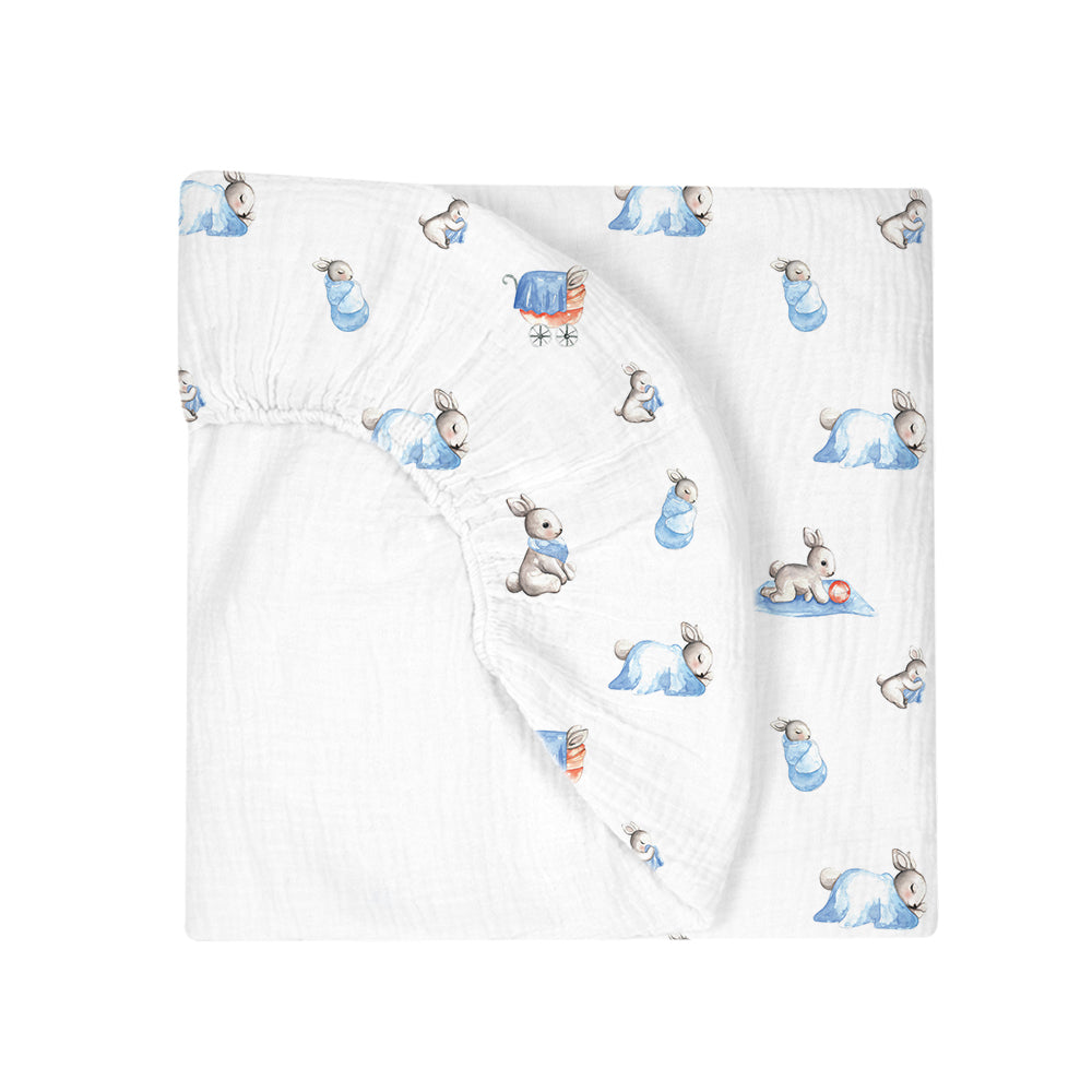 Muslin Fitted Cot Sheet | Bébé Lapin | Blue Bunny Print | 70x140 cm | Deux Lapins UK