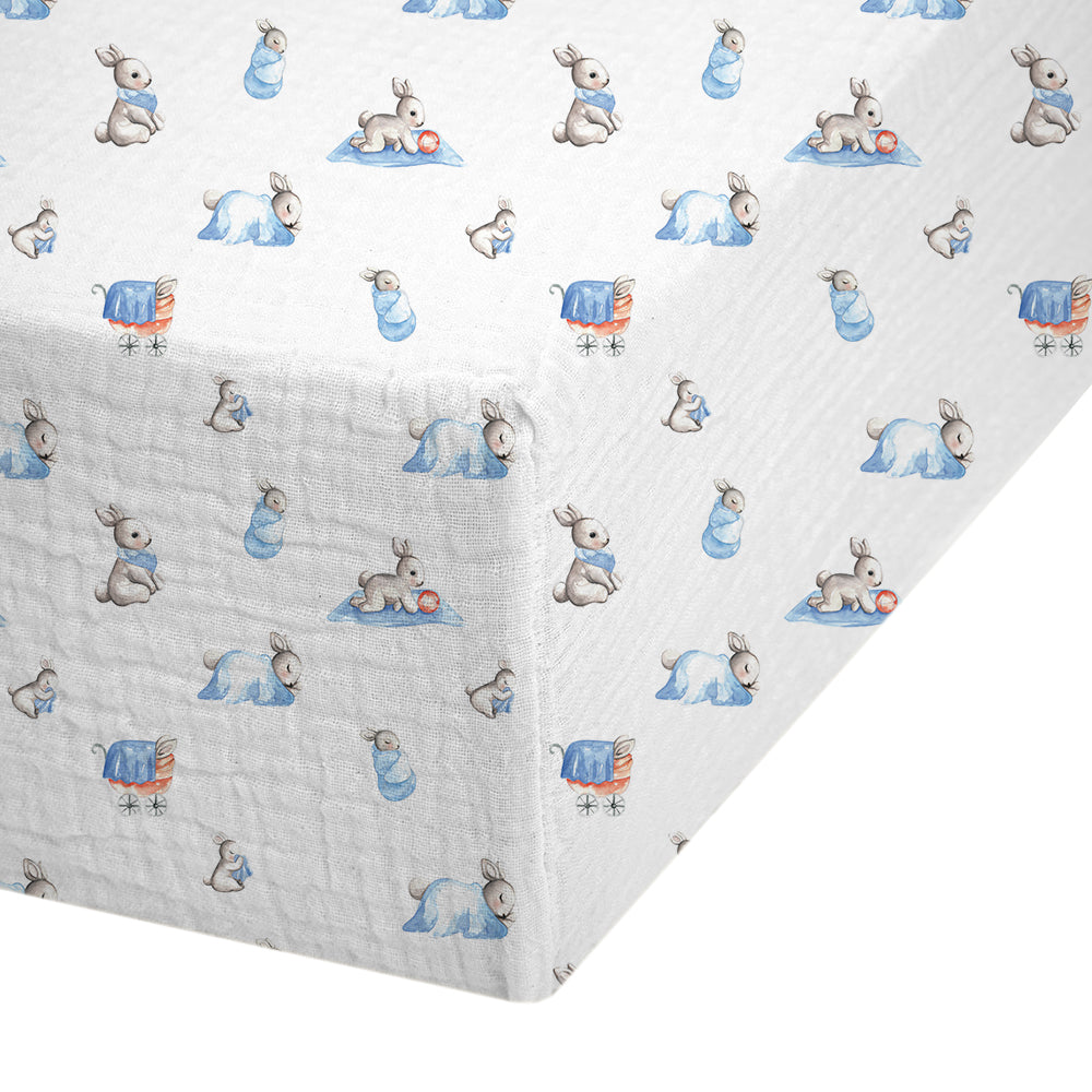 Muslin Fitted Cot Sheet | Bébé Lapin | Blue Bunny Print | 70x140 cm | Deux Lapins UK