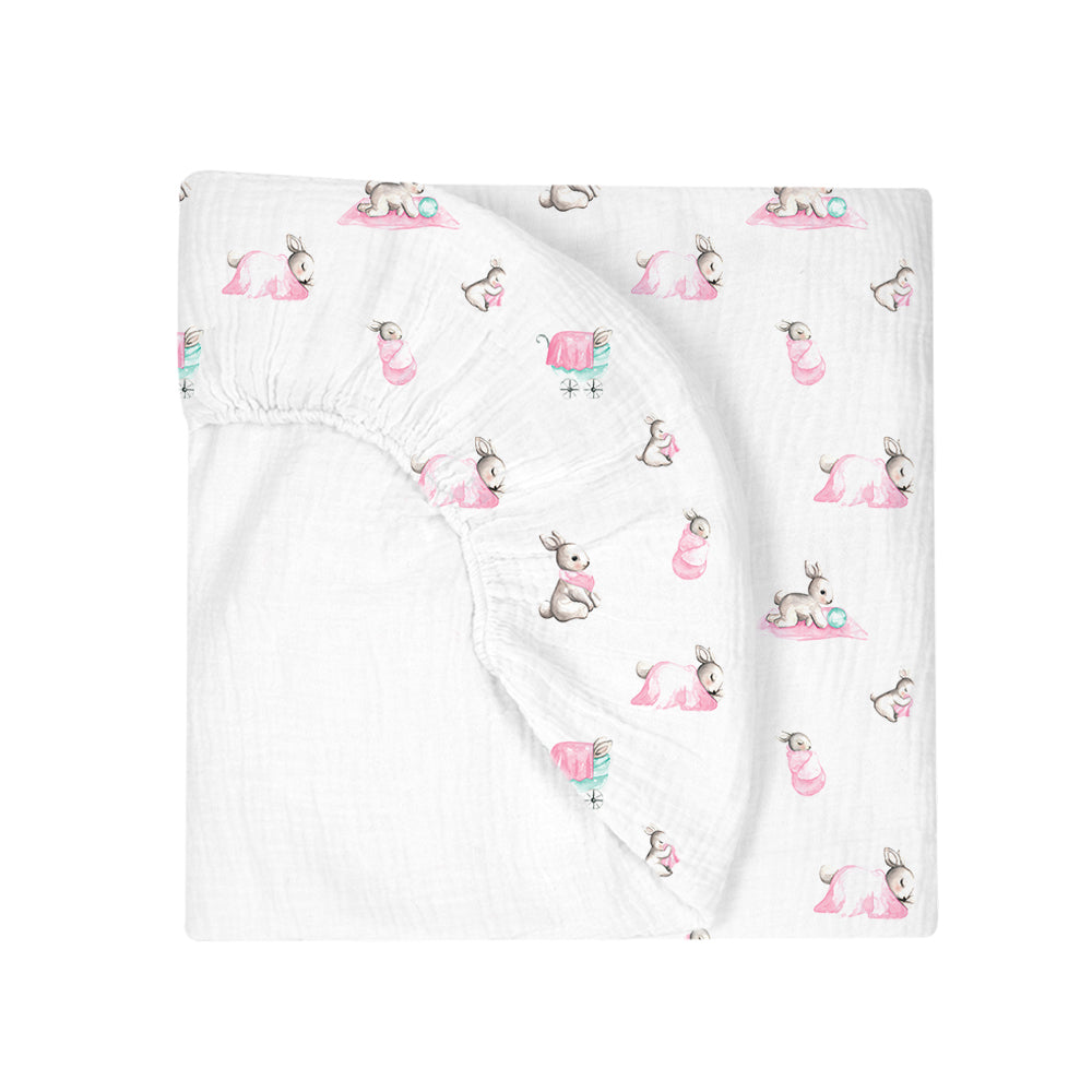 Muslin Fitted Cot Sheet | Bébé Lapin Rose | Pink Bunny Print | 70x140 cm | Deux Lapins UK