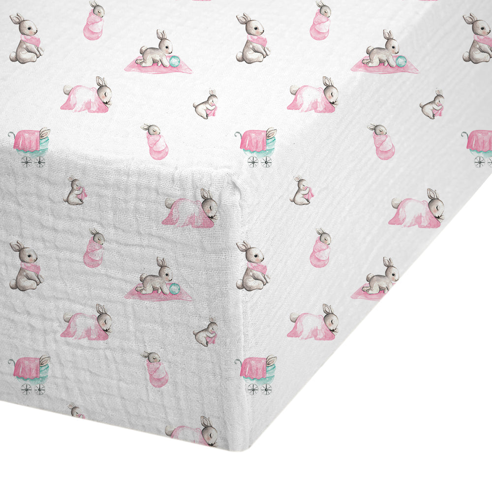 Muslin Fitted Cot Sheet | Bébé Lapin Rose | Pink Bunny Print | 70x140 cm | Deux Lapins UK