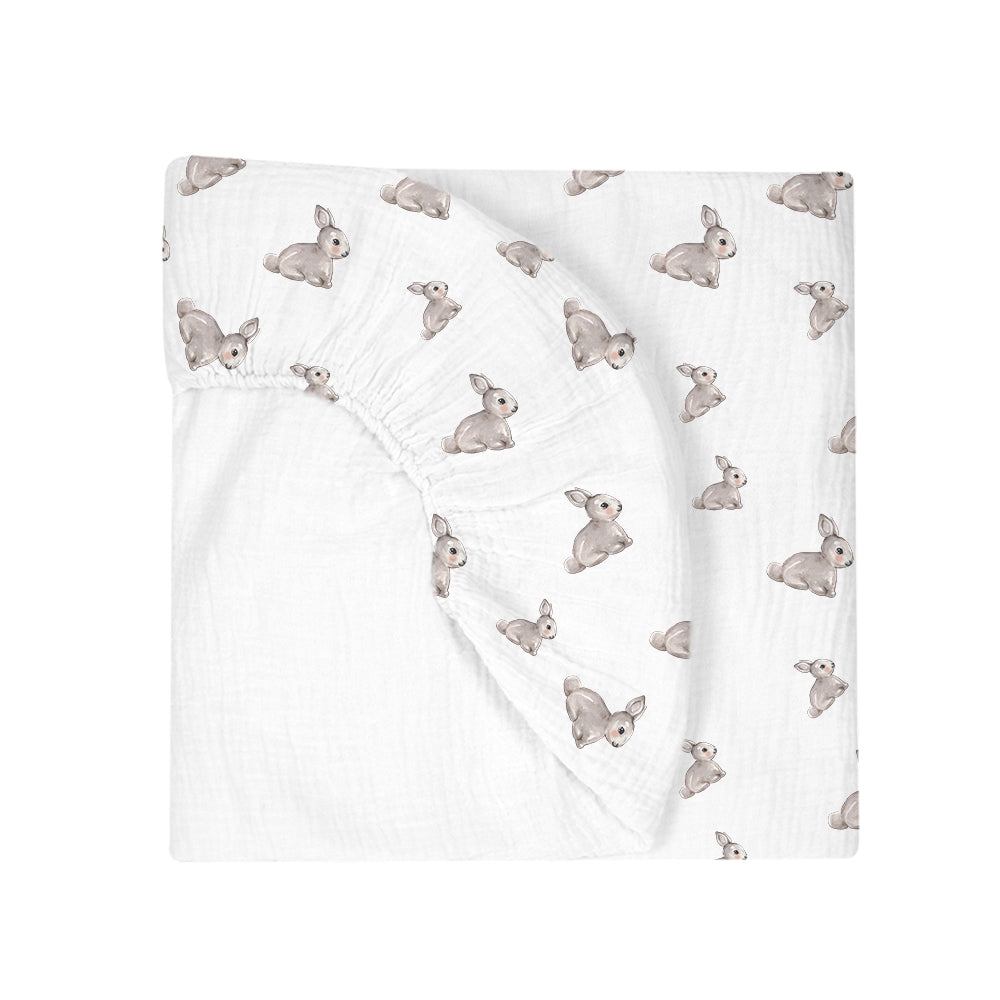 Muslin Fitted Cot Sheet | Iconique Lapin | Grey Bunny Print | 70x140 cm | Deux Lapins UK
