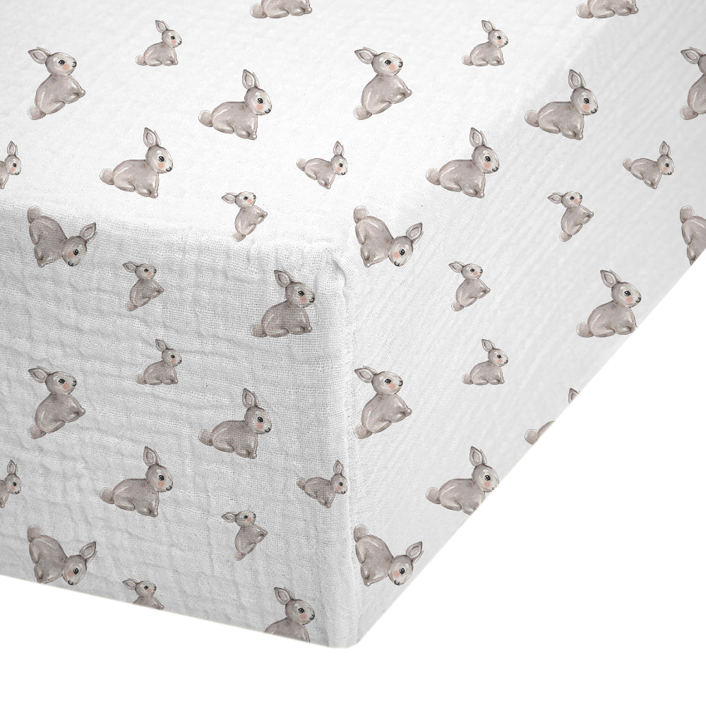 Muslin Fitted Cot Sheet | Iconique Lapin | Grey Bunny Print | 70x140 cm | Deux Lapins UK