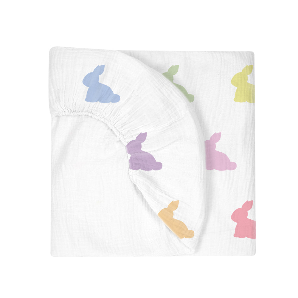 Muslin Fitted Cot Sheet | Rainbow Lapin | Rainbow Bunny Print | 70x140 cm | Deux Lapins UK