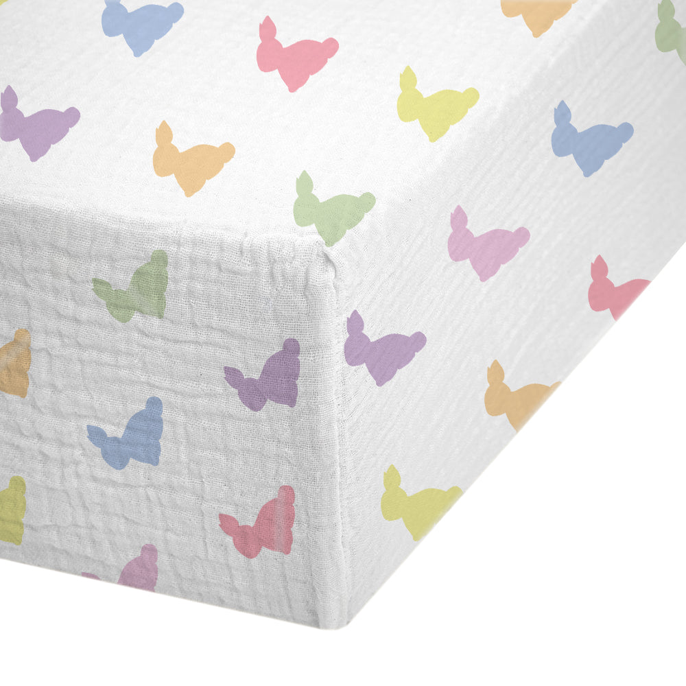 Muslin Fitted Cot Sheet | Rainbow Lapin | Rainbow Bunny Print | 70x140 cm | Deux Lapins UK