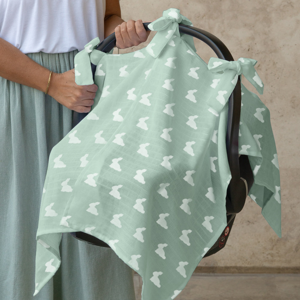 Muslin Pram Cover UK | Mono Lapin Matcha Green | Breathable Pushchair Shade | 114x77 cm | Deux lapins