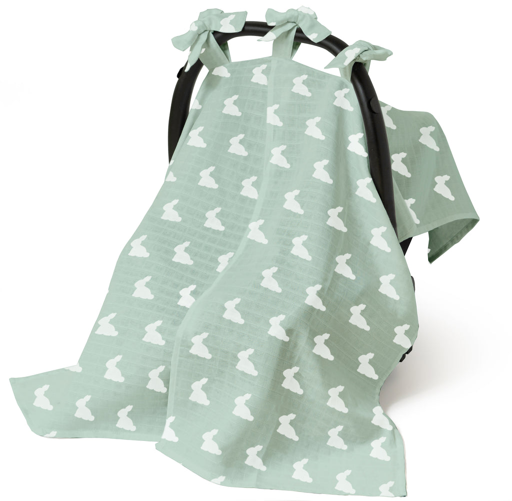 Muslin Pram Cover UK | Mono Lapin Matcha Green | Breathable Pushchair Shade | 114x77 cm | Deux lapins